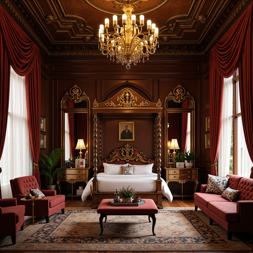 Prompt: Opulent velvet drapes, gilded wooden frames, intricately carved furniture, luxurious marble tops, ornate mirrors, lavish chandeliers, richly upholstered sofas, heavily patterned rugs, majestic four-poster beds, grandiose armoires, golden accents, rich wood tones, soft warm lighting, dramatic shadows, 3/4 composition, symmetrical arrangement, realistic textures, ambient occlusion.