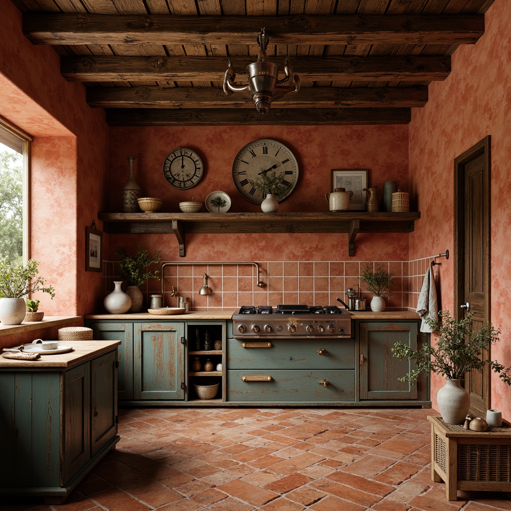 Prompt: Rustic farmhouse interior, distressed wooden accents, vintage decorative items, earthy tone wall tiles, terracotta flooring, natural stone textures, brick red color palette, worn metal fixtures, reclaimed wood shelves, soft warm lighting, shallow depth of field, 1/1 composition, realistic render, ambient occlusion.