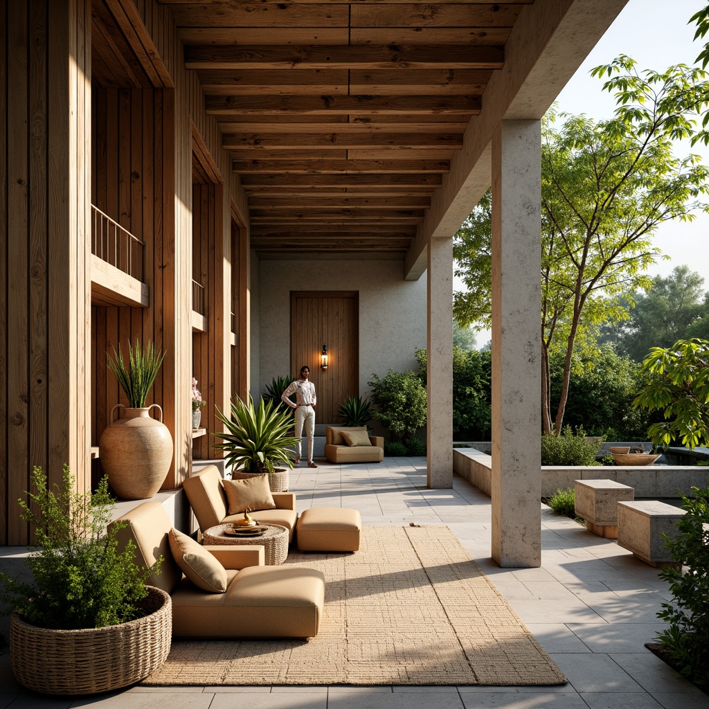 Prompt: Earthy tone, organic shapes, reclaimed wood accents, natural stone walls, living green roofs, bamboo flooring, woven rattan furniture, earthy clay pottery, potted plants, botanical gardens, serene outdoor spaces, soft warm lighting, shallow depth of field, 3/4 composition, panoramic view, realistic textures, ambient occlusion.