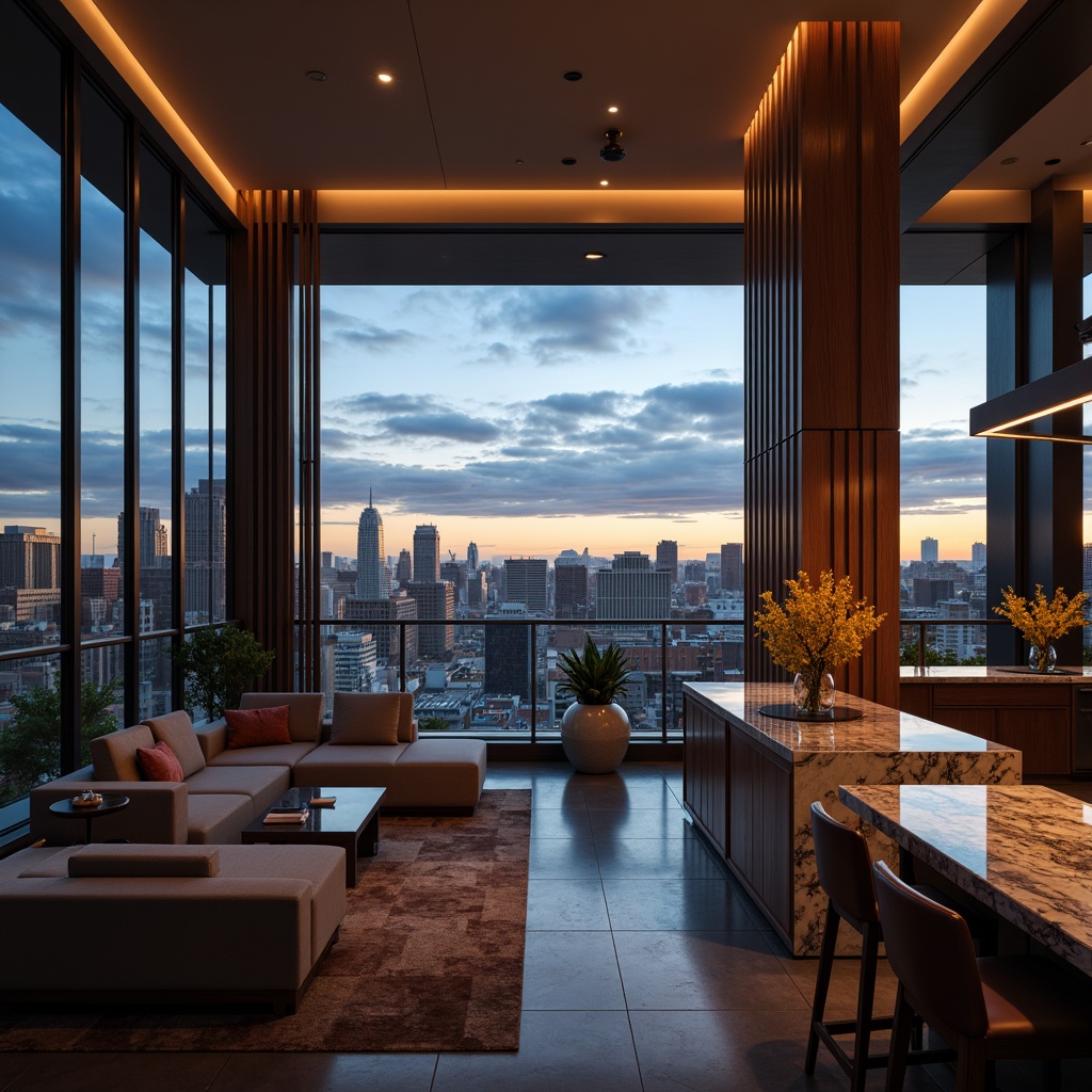 Prompt: Luxurious penthouse interior, sleek modern architecture, floor-to-ceiling windows, lavish furnishings, rich wood textures, marble countertops, metallic accents, velvet soft fabrics, ambient warm lighting, 1/1 composition, shallow depth of field, realistic reflections, minimalist decor, urban cityscape views, cloudy blue skies, dramatic sunsets.