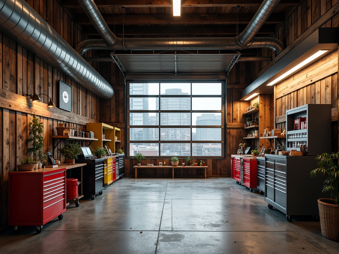 Prompt: Industrial-style garage, rustic metal walls, earthy tones, weathered wood accents, bold color contrasts, vibrant tool chests, sleek modern lighting, polished concrete floors, urban cityscape views, overcast day, dramatic shadowing, high contrast ratio, 1/2 composition, shallow depth of field, realistic metallic reflections.