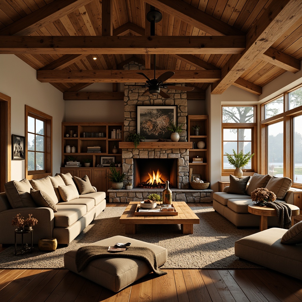 Prompt: Rustic cabin, wooden accents, earthy tones, warm beige walls, natural stone fireplaces, reclaimed wood furniture, vintage metal decor, distressed finishes, cozy textiles, plush throw blankets, soft candlelight, warm golden lighting, shallow depth of field, 1/1 composition, realistic wood grains, ambient occlusion.