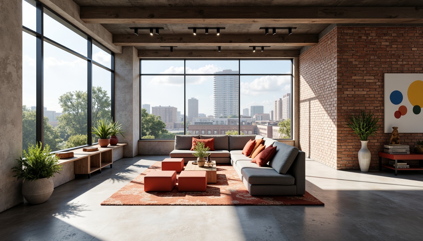 Prompt: Functional furniture pieces, geometric shapes, primary color palette, industrial materials, exposed brick walls, polished concrete floors, minimalist decor, open floor plans, natural light pouring in, large windows, sliding glass doors, urban cityscape views, sunny day, high contrast lighting, shallow depth of field, 2/3 composition, symmetrical balance, abstract artwork, sleek metal accents, functional storage solutions, modular shelving systems.