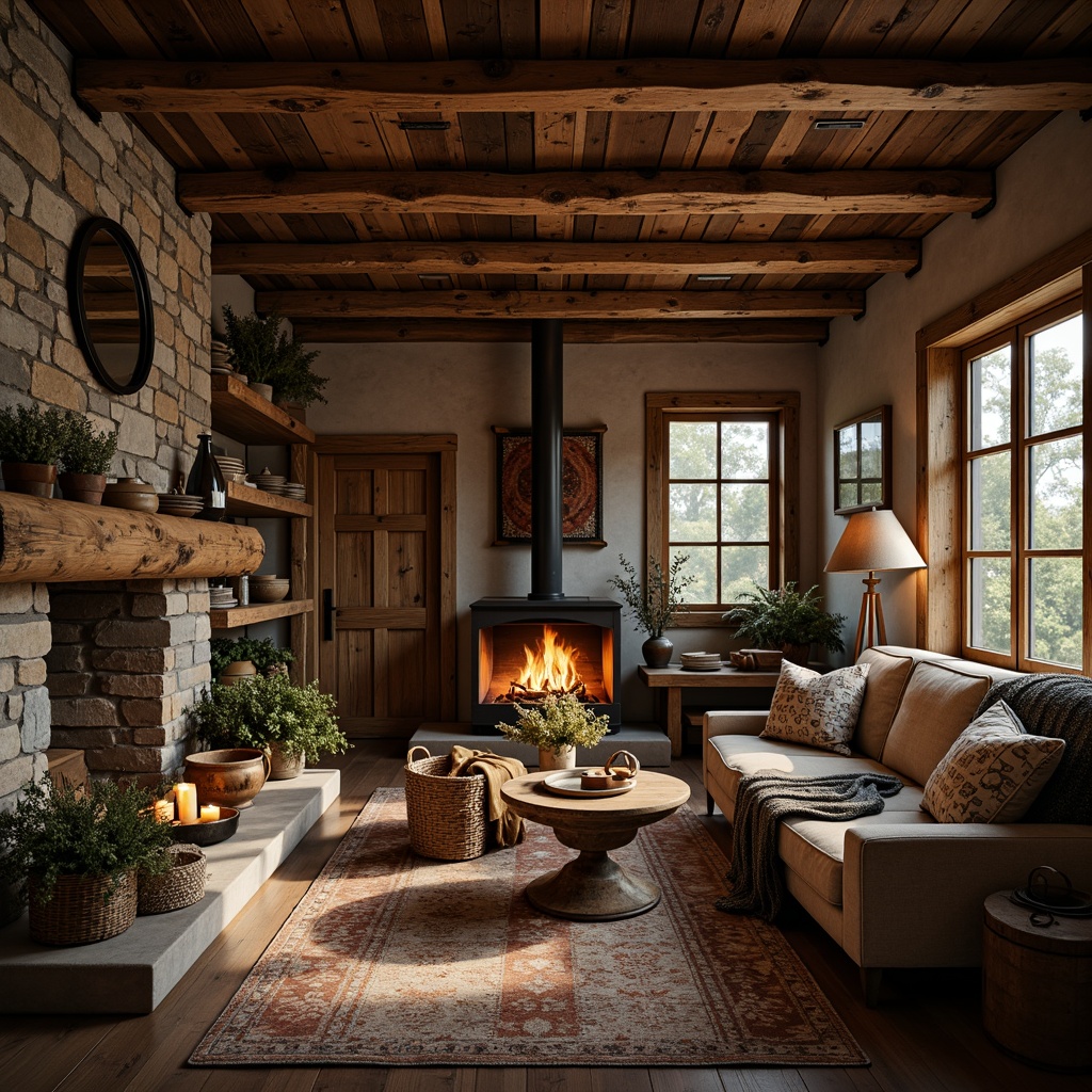 Prompt: Rustic cabin, reclaimed wood accents, earthy color palette, natural stone walls, rough-hewn wooden beams, distressed finishes, vintage metal decor, warm candlelight, soft focus, shallow depth of field, 2/3 composition, intimate atmosphere, cozy textiles, woven baskets, nature-inspired patterns, organic shapes.