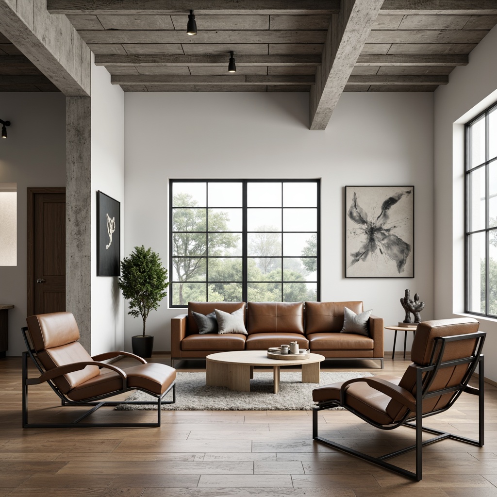 Prompt: Clean-lined furniture, industrial materials, functional simplicity, monochromatic color scheme, geometric shapes, steel tubular chairs, leather upholstery, polished wooden floors, minimalist decor, modernist artworks, abstract sculptures, sparse greenery, natural light, high ceilings, open floor plans, functional storage solutions, sleek metallic accents, subtle texture contrasts, 1/1 composition, softbox lighting, realistic reflections.