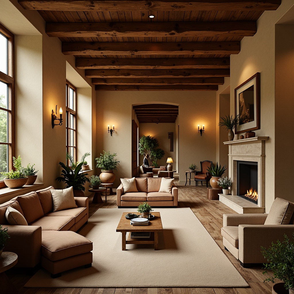 Prompt: Warm beige walls, rich walnut wood accents, plush creamy carpets, soft golden lighting, cozy velvet sofas, vintage bronze fixtures, earthy terracotta pots, lush greenery, natural stone fireplaces, rustic wooden beams, comfortable neutral tones, intimate seating areas, warm candlelight, shallow depth of field, 1/1 composition, realistic textures, ambient occlusion.