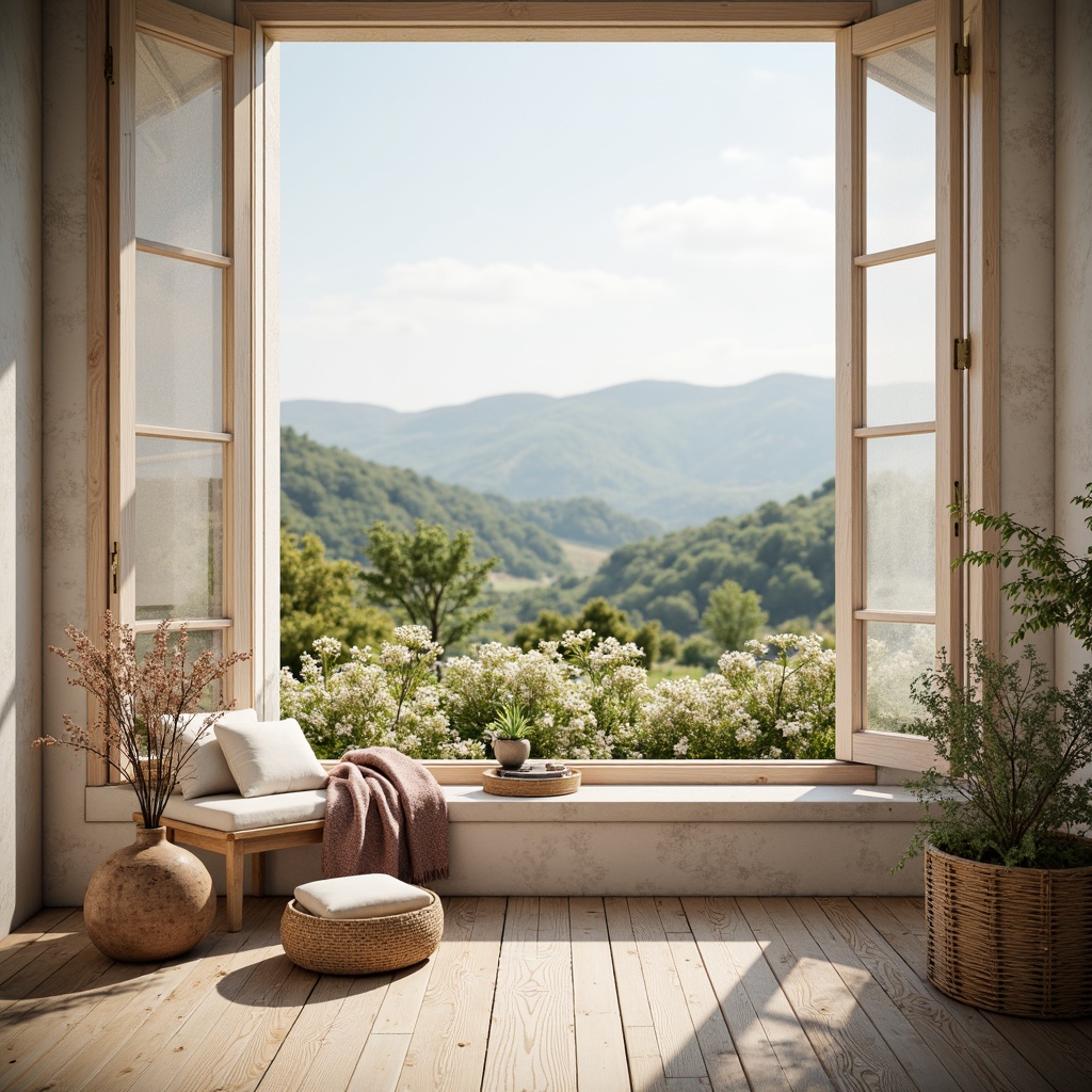 Prompt: Soft pastel hues, calming atmosphere, serene landscape, gentle rolling hills, blooming wildflowers, warm sunlight, creamy whites, pale blues, mauve accents, natural textures, earthy tones, rustic wooden elements, vintage distressed finishes, cozy interior ambiance, 3/4 composition, shallow depth of field, soft focus, realistic renderings.