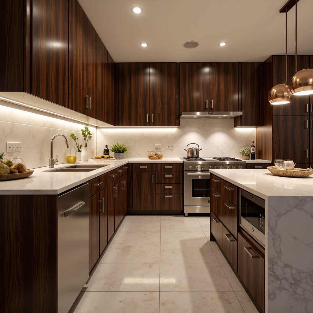 Prompt: Luxurious kitchen, high-gloss countertops, rich wood cabinetry, stainless steel appliances, modern sink fixtures, waterfall edges, marble-inspired quartz surfaces, soft-close drawers, pendant lighting, warm ambient glow, shallow depth of field, 1/1 composition, realistic reflections, ambient occlusion.