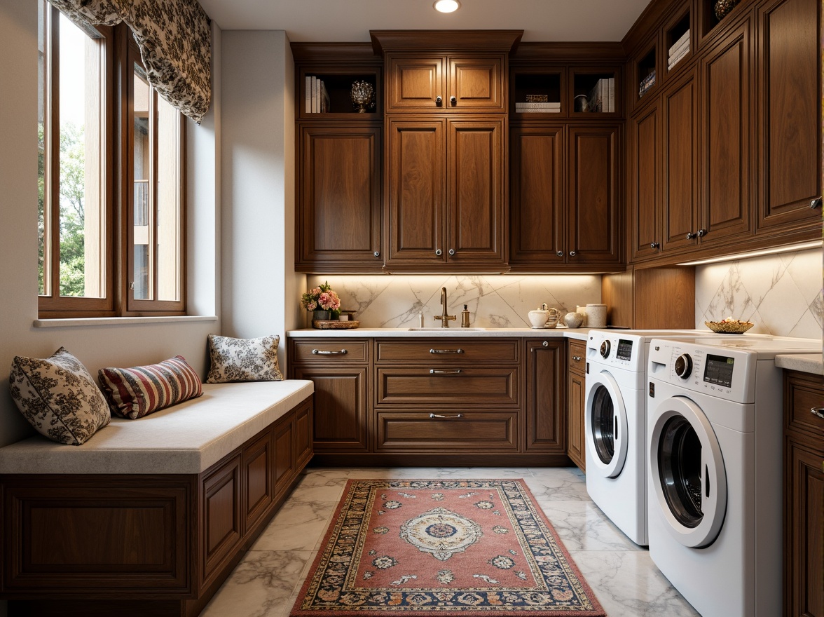 Prompt: Luxurious laundry room, classic interior design, elegant wooden cabinets, ornate metal hardware, crisp white marble countertops, soft warm lighting, plush area rugs, rich velvet drapes, subtle floral patterns, delicate lace trims, refined damask fabrics, sophisticated stripes, luxurious upholstery, vintage-inspired washing machines, antique brass fixtures, distressed wood accents, cozy reading nooks, natural stone flooring, serene ambiance, shallow depth of field, 1/2 composition, soft focus effect.