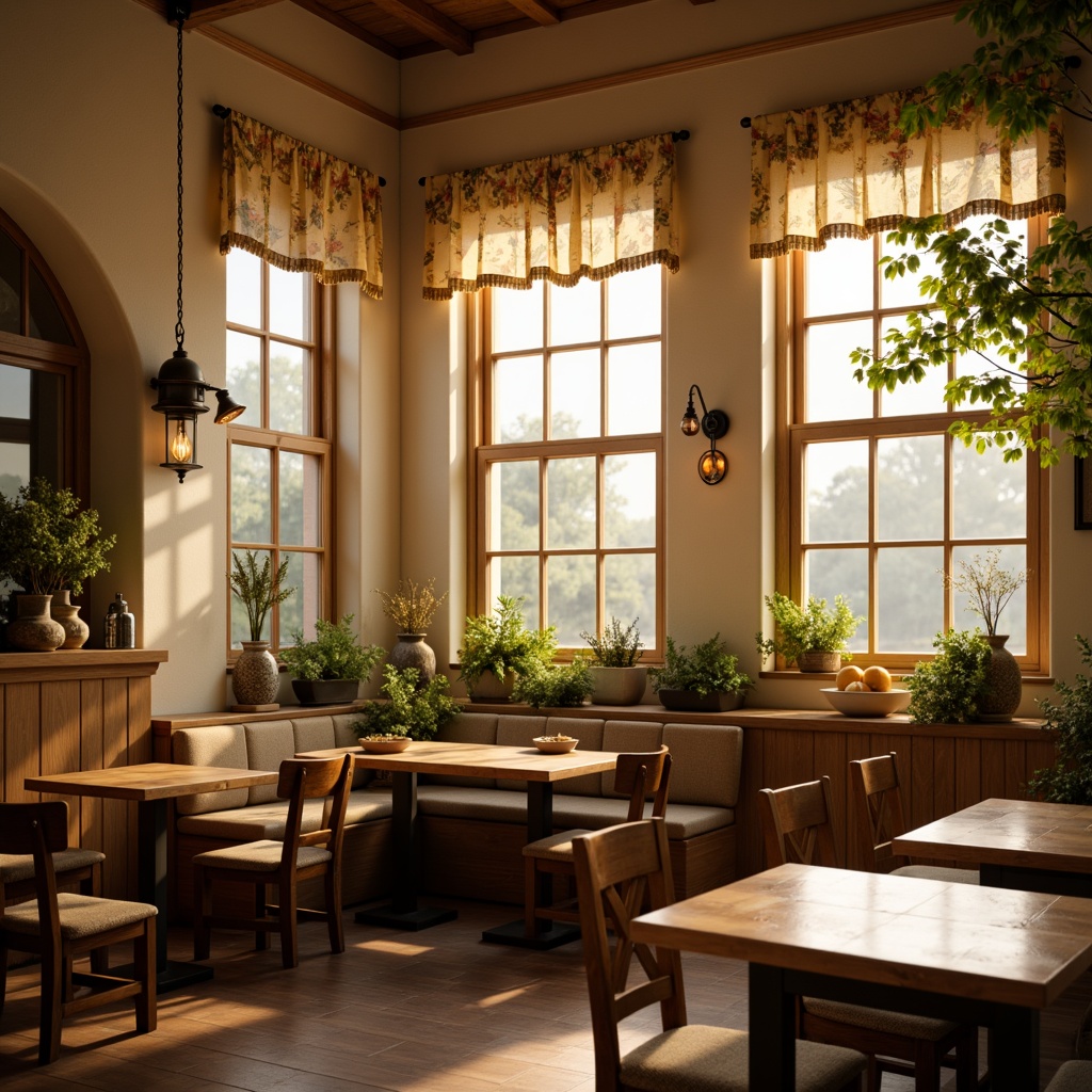 Prompt: Cozy breakfast nook, warm golden lighting, rustic wooden tables, comfortable cushioned chairs, soft cream-colored walls, floral patterned curtains, vintage metal lanterns, industrial-style pendant lights, Edison bulb fixtures, natural stone backsplashes, earthy tone ceramics, lush greenery, morning sunlight, shallow depth of field, 1/1 composition, warm and inviting atmosphere.