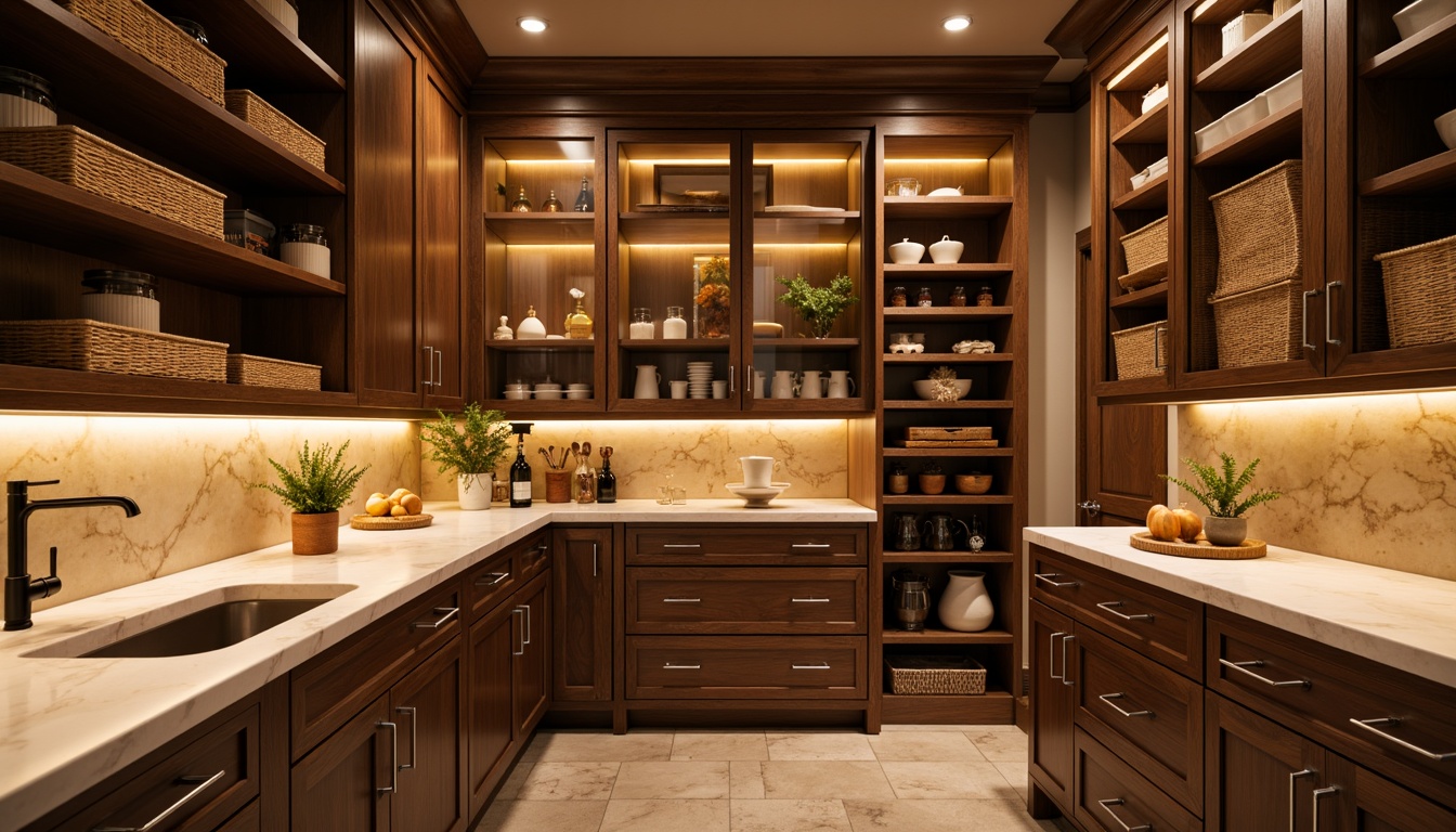 Prompt: Warm pantry interior, soft warm lighting, recessed LED lights, under-cabinet illumination, glass-front cabinets, polished chrome hardware, marble countertops, wooden shelves, woven baskets, ambient shadows, natural stone flooring, modern farmhouse style, cozy atmosphere, 1/1 composition, realistic textures, subtle color grading.