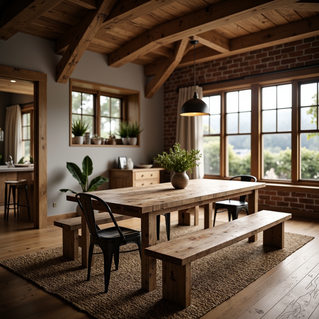 Prompt: Rustic wooden table, reclaimed oak top, turned legs, natural finish, earthy tones, vintage metal chairs, distressed wood benches, woven jute rug, farmhouse decor, pendant lighting, exposed beams, wooden ceiling, brick walls, large windows, soft warm lighting, shallow depth of field, 3/4 composition, panoramic view, realistic textures, ambient occlusion.