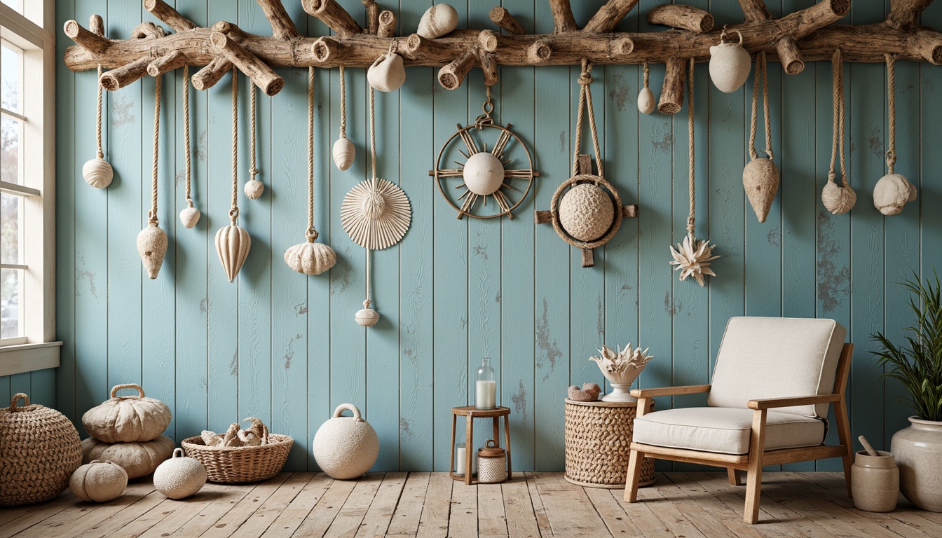 Prompt: Driftwood accents, seashell decorations, nautical ropes, distressed wood finishes, coral-inspired patterns, ocean-blue hues, sandy beige textures, natural linen fabrics, vintage marine instruments, glass bottles, pebbles, starfish ornaments, soft warm lighting, shallow depth of field, 1/2 composition, realistic reflections, ambient occlusion.