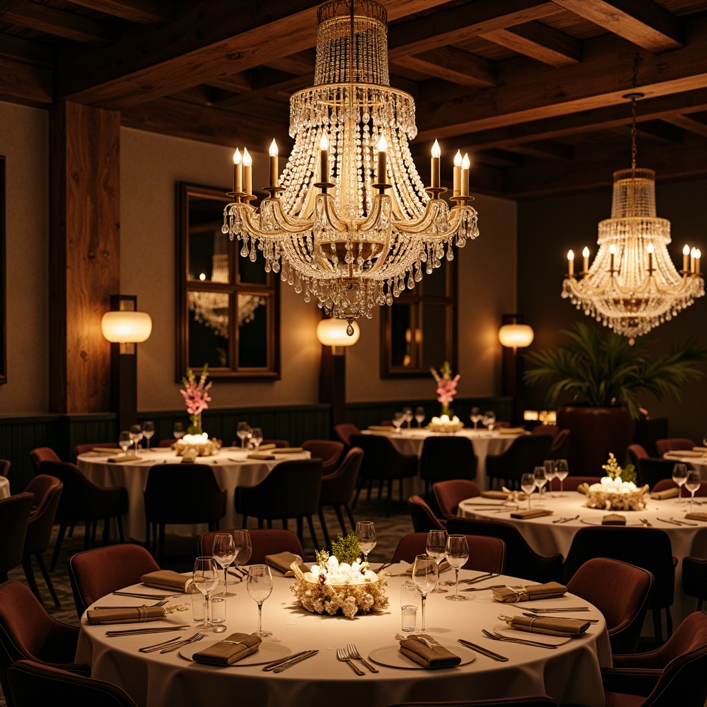 Prompt: Elegant chandelier, crystal drops, warm soft glow, dimmable lights, pendant lamps, rustic wooden accents, industrial metal shades, frosted glass diffusers, cozy ambient illumination, formal dinner setting, luxurious fabrics, refined table settings, ornate mirrors, sophisticated color palette, intimate atmosphere, dramatic ceiling height, 1/2 composition, subtle shadows, realistic reflections.