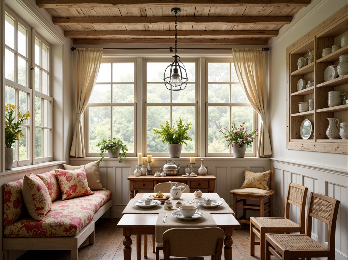 Prompt: Cozy French country breakfast nook, rustic wooden beams, soft creamy whites, distressed finishes, vintage floral patterns, red and yellow toile de Jouy fabrics, woven rattan chairs, natural linen textiles, warm beige tones, candlelit ambiance, delicate china patterns, antique metalware, fresh flower arrangements, soft morning light, shallow depth of field, 1/1 composition, realistic textures, ambient occlusion.