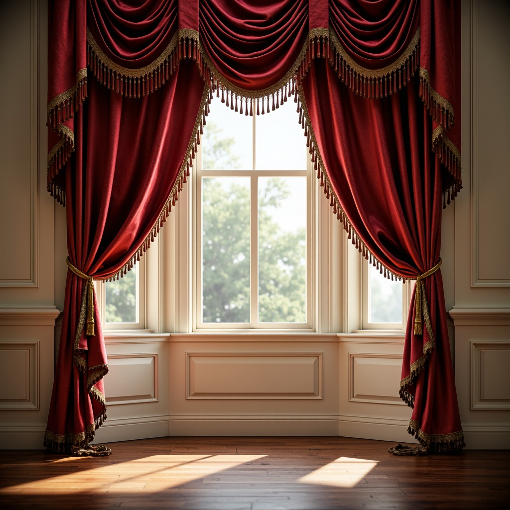 Prompt: Luxurious curtains, flowing drapes, ornate valances, elegant swags, sophisticated tiebacks, refined tassel trims, opulent fabrics, jewel-toned velvets, lustrous silks, soft billowy folds, natural light filtering, warm ambient glow, subtle texture contrasts, 1/1 composition, shallow depth of field, soft focus blur, realistic fabric simulations.