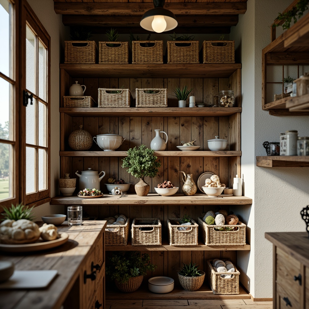 Prompt: Rustic pantry, vintage storage crates, distressed wood shelving, woven wicker baskets, earthy color palette, natural textiles, floral patterns, ornate metal hardware, decorative ceramics, artisanal kitchenware, warm soft lighting, cozy atmosphere, shallow depth of field, 1/2 composition, inviting vignette, realistic textures, ambient occlusion.