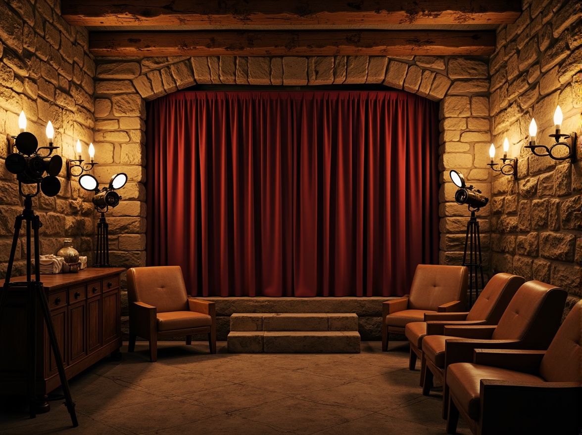 Prompt: Rustic cinema interior, textured stone walls, earthy color palette, warm candle lighting, distressed wooden beams, vintage film cameras, antique spotlights, plush velvet curtains, worn leather armchairs, rich wood paneling, ornate metal fixtures, dimmed overhead lighting, shallow depth of field, 1/1 composition, cinematic framing, gritty realistic textures, atmospheric ambient occlusion.