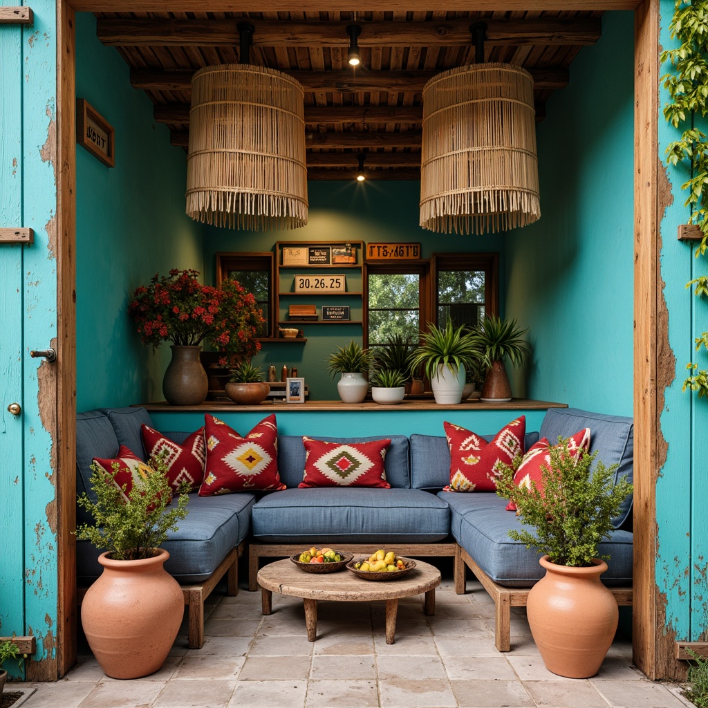 Prompt: Vibrant turquoise garage doors, rustic wooden accents, woven Navajo-inspired blankets, colorful serape-printed throw pillows, earthy terracotta pots, lush greenery, vintage license plates, distressed denim upholstery, reclaimed wood shelves, natural stone flooring, warm sandy tones, soft afternoon lighting, shallow depth of field, 1/1 composition, realistic textures, ambient occlusion.