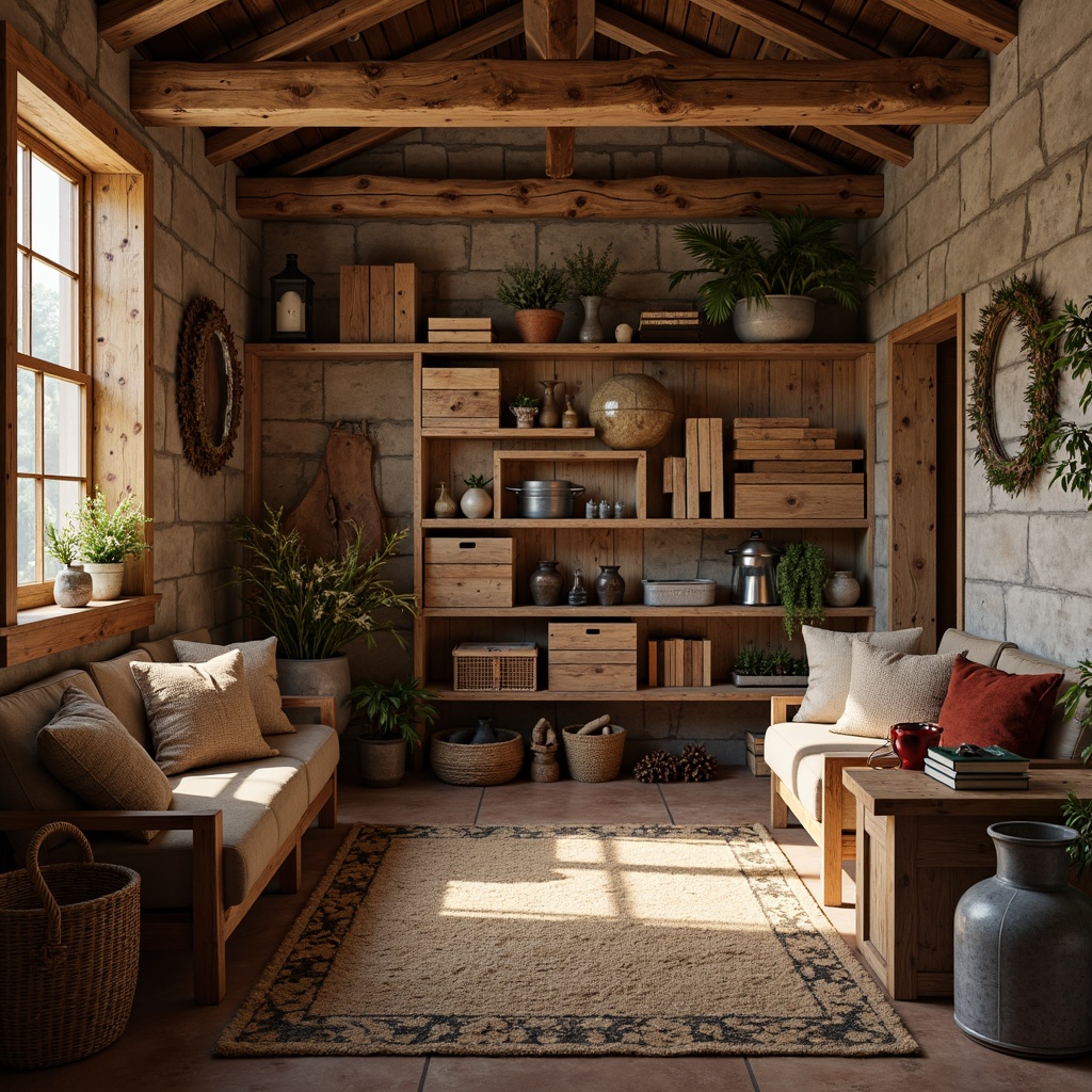 Prompt: Rustic storage rooms, reclaimed wood accents, earthy color palette, natural stone walls, wooden crates, vintage metal lanterns, woven baskets, jute rugs, distressed leather furniture, galvanized metal decor, pinecone decorations, soft warm lighting, shallow depth of field, 3/4 composition, realistic textures, ambient occlusion.