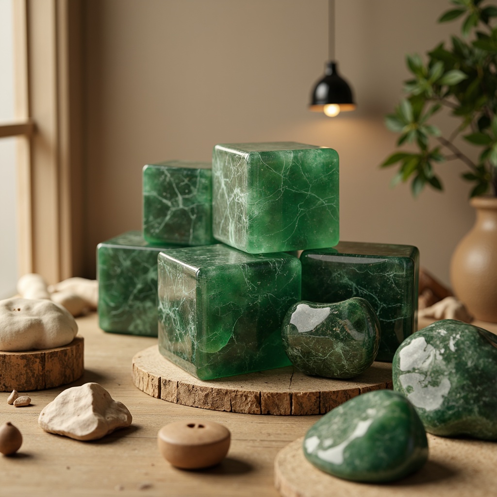 Prompt: Richly veined heliotrope gemstones, deep emerald green color accents, sleek Scandinavian modern design, minimalist wooden furniture, natural textures, organic shapes, subtle pattern play, warm beige backgrounds, soft golden lighting, cozy atmospheric mood, shallow depth of field, 1/2 composition, realistic renderings, ambient occlusion.