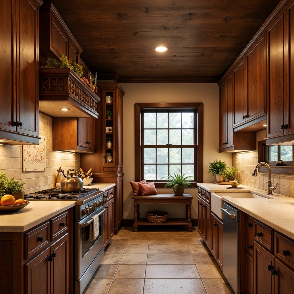 Prompt: Warm traditional kitchen, rustic wooden cabinets, ornate carvings, rich brown stains, cream-colored countertops, antique hardware, decorative corbels, soft warm lighting, cozy breakfast nook, farmhouse sink, classic subway tiles, natural stone backsplash, earthy color palette, 3/4 composition, shallow depth of field, realistic textures.