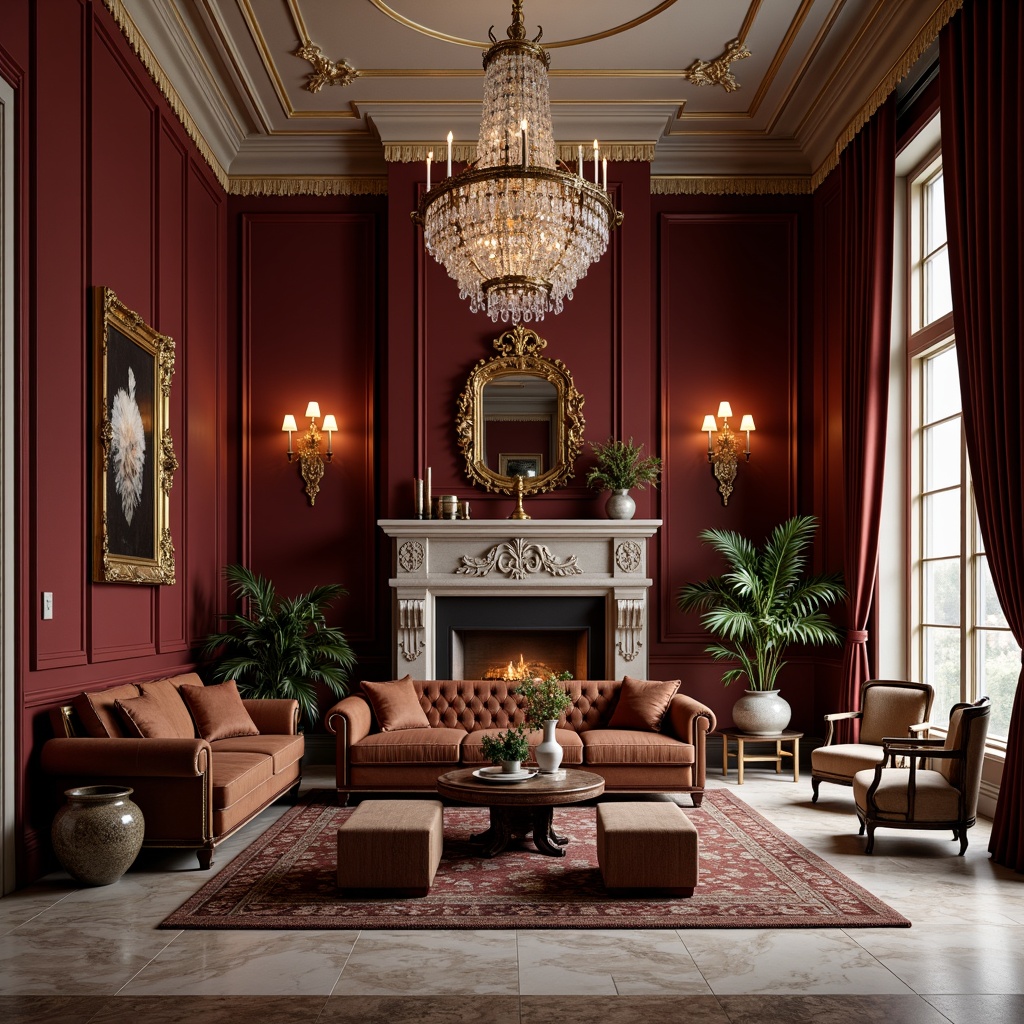 Prompt: Luxurious living room, rich burgundy walls, elegant marble flooring, ornate gold accents, sophisticated velvet sofas, tufted ottomans, antique wooden armchairs, intricately carved coffee tables, lavish crystal chandeliers, plush area rugs, majestic stone fireplaces, warm ambient lighting, 1/1 composition, soft focus blur, detailed textures.