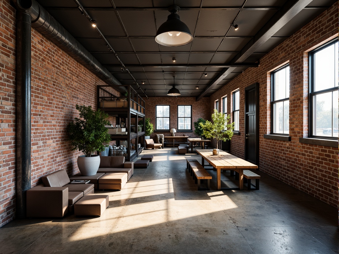 Prompt: Exposed brick walls, industrial metal accents, steel beams, reclaimed wood floors, edgy modern lighting, urban loft atmosphere, distressed textures, metallic sheen, rugged concrete surfaces, industrial chic decor, functional metal shelving, minimalist color palette, high ceilings, open space layout, natural light pouring in, dramatic shadows, low-angle photography, gritty urban feel, weathered metal tones.