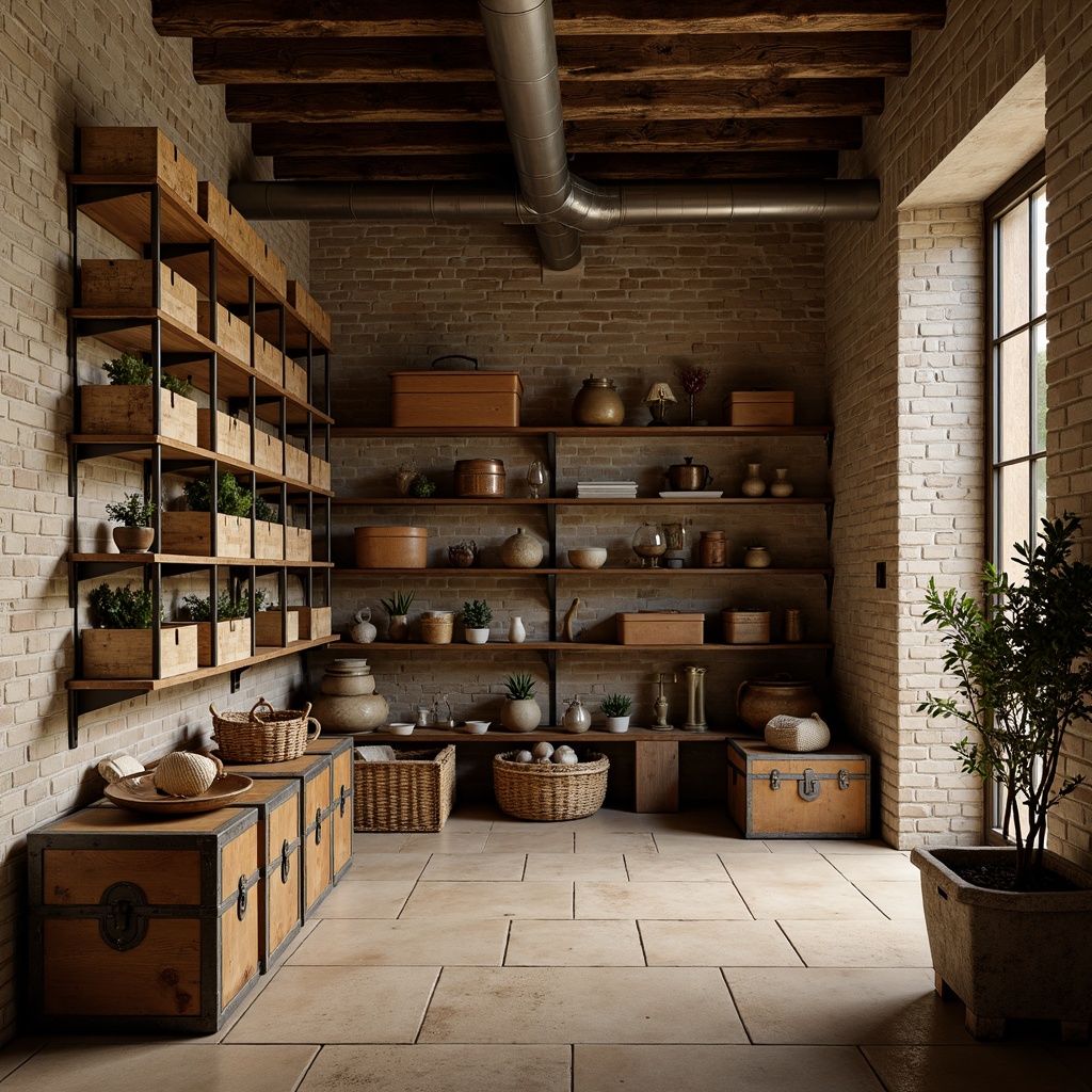 Prompt: Rustic storage room, wooden crates, vintage metal trunks, distressed brick walls, earthy color palette, natural stone flooring, reclaimed wood shelves, industrial metal brackets, exposed ductwork, soft warm lighting, shallow depth of field, 1/1 composition, realistic textures, ambient occlusion, aged wooden planks, woven baskets, antique furniture pieces, ornate metal fixtures, warm beige tones, cozy atmosphere.