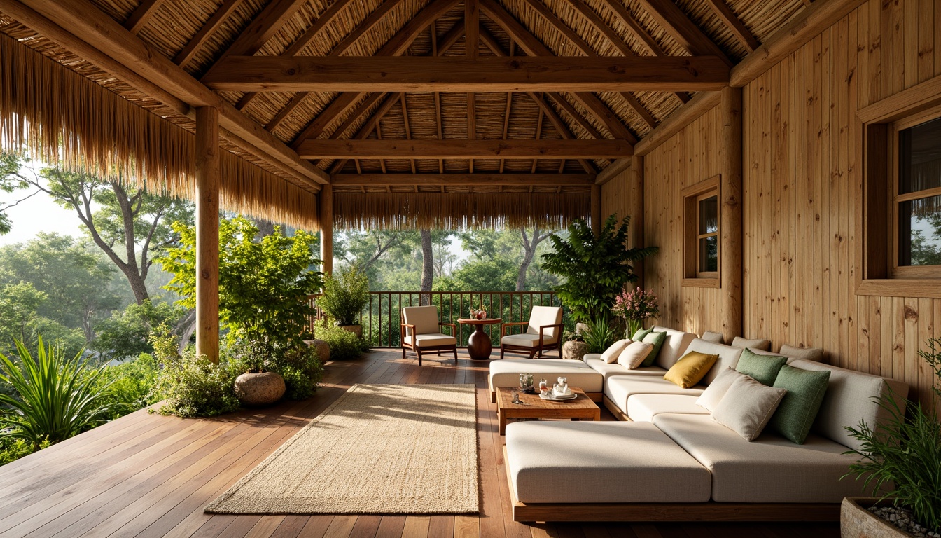 Prompt: Tropical island hut, woven bamboo walls, natural rattan textures, warm beige colors, earthy tones, lush greenery, exotic flowers, wooden accents, rustic decor, distressed wood finishes, woven fiber rugs, natural linen fabrics, soft warm lighting, shallow depth of field, 3/4 composition, panoramic view, realistic textures, ambient occlusion.