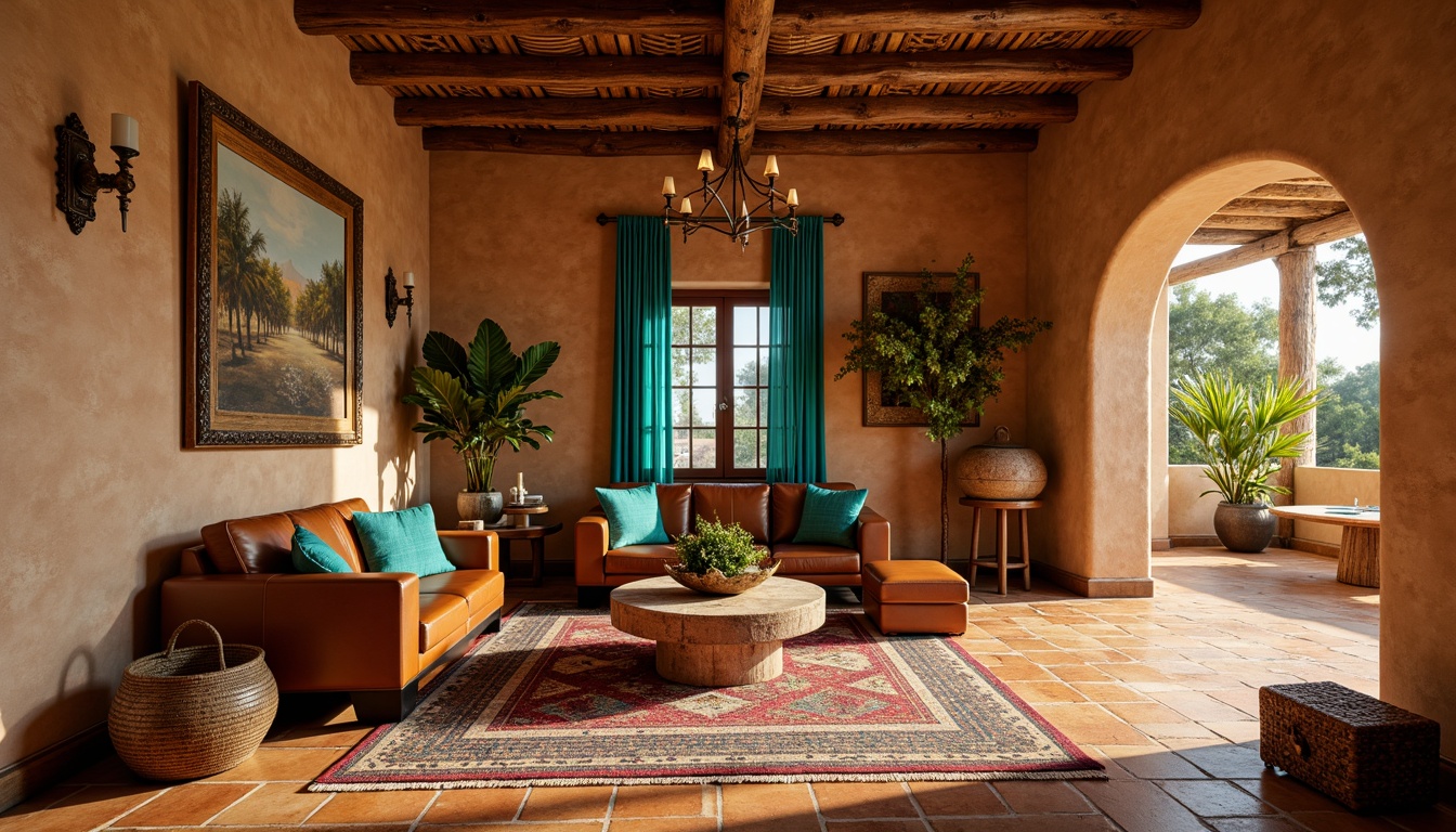 Prompt: Earth-toned adobe walls, rustic wooden beams, vibrant turquoise accents, woven Native American patterns, natural stone flooring, warm terracotta tiles, distressed leather upholstery, ornate metalwork fixtures, colorful Kilim rugs, plush velvet drapes, soft candlelight, shallow depth of field, 1/1 composition, warm golden lighting, realistic textures, ambient occlusion.