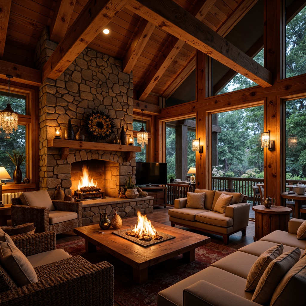 Prompt: Cozy lodge, warm wooden accents, stone fireplaces, soft candlelight, dimmable pendant lamps, natural textiles, earthy color palette, rustic metal fixtures, lantern-style lighting, warm LED lighting, layered lighting effects, ambient glow, golden hour, soft shadows, 1/2 composition, intimate atmosphere, relaxed mood, comforting ambiance.