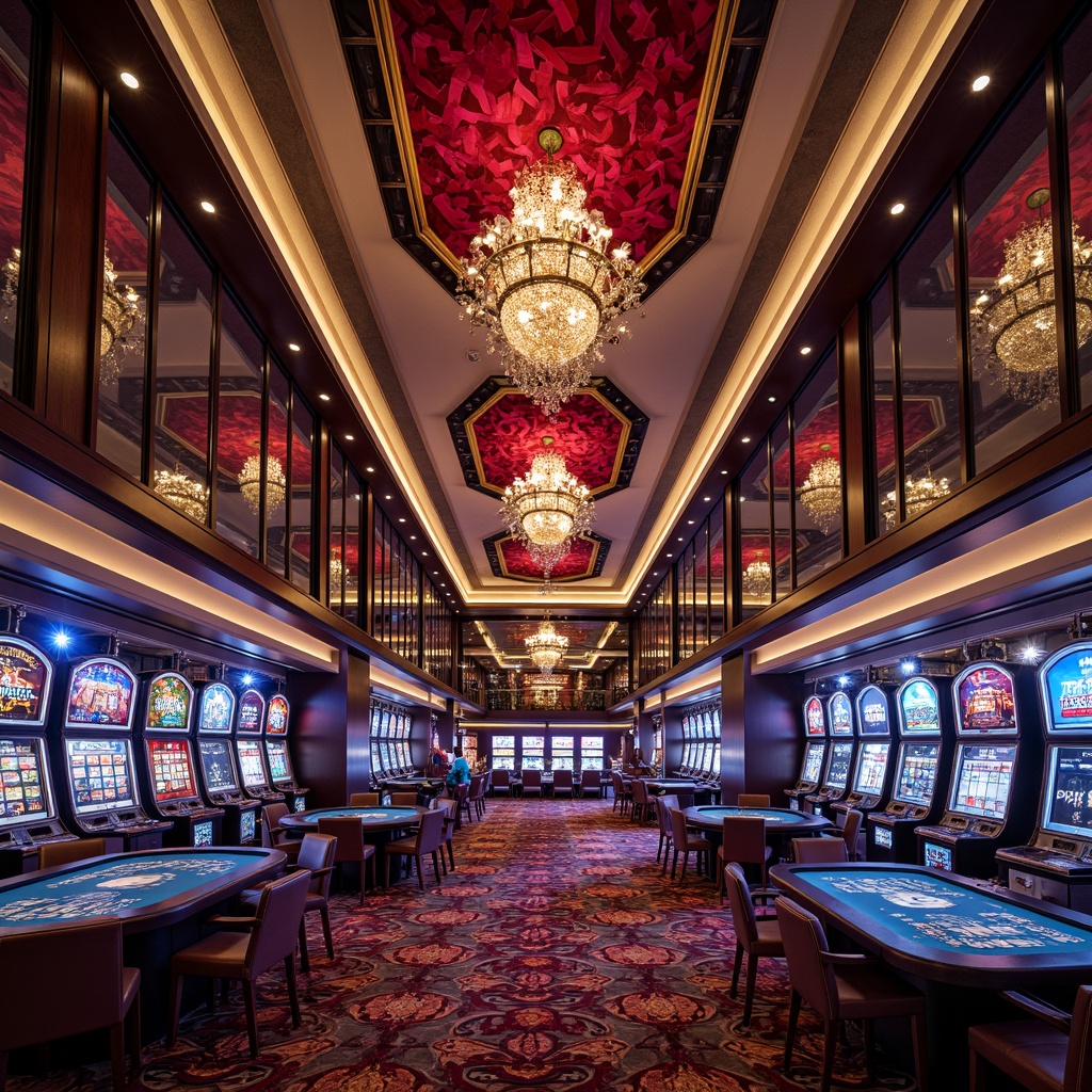 Prompt: Luxurious casino interior, rich velvet fabrics, metallic accents, ornate chandeliers, lavish furnishings, opulent textures, vibrant LED lighting, dynamic patterns, geometric shapes, futuristic slot machines, high-stakes gaming tables, exclusive VIP lounges, polished marble floors, sleek glass surfaces, sophisticated color schemes, ambient atmospheric sounds, cinematic lighting effects, 3/4 composition, shallow depth of field, realistic reflections.