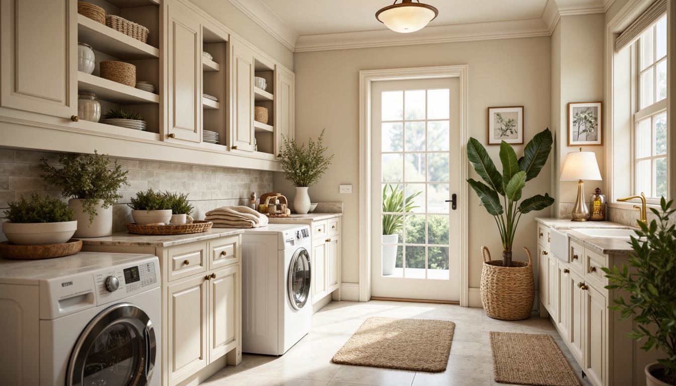 Prompt: Elegant laundry room, classic interior design, soft warm lighting, creamy white cabinets, marble countertops, ornate gold fixtures, plush area rugs, vintage-inspired washing machines, distressed wood accents, natural fiber textiles, linen fabrics, subtle floral patterns, gentle color palette, inviting atmosphere, shallow depth of field, 1/1 composition, realistic textures, ambient occlusion.