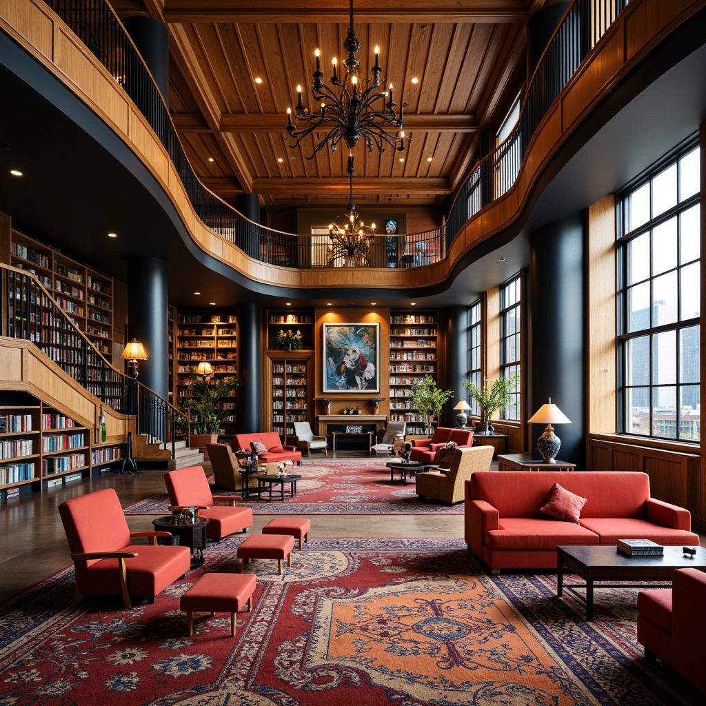 Prompt: Vibrant expressionist library, sweeping curved lines, bold color schemes, eclectic furniture, plush velvet sofas, wooden accent chairs, geometric patterned rugs, floor-to-ceiling bookshelves, metal reading lamps, abstract artwork, dramatic staircases, grand chandeliers, ornate moldings, rich wood tones, comfortable reading nooks, cozy study areas, soft warm lighting, high ceilings, large windows, urban city views, 1/1 composition, shallow depth of field, realistic textures.