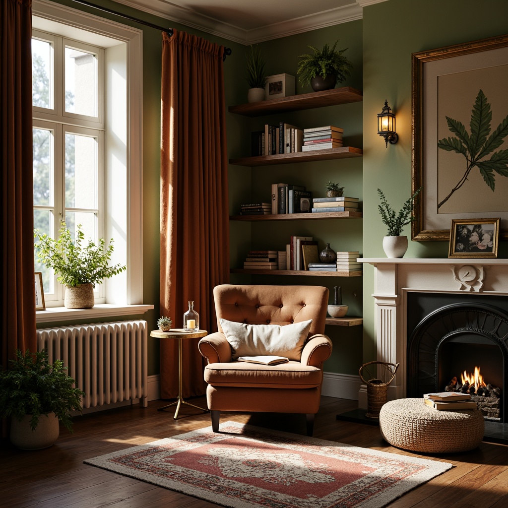 Prompt: Cozy reading nook, soft warm lighting, plush velvet armchair, wooden floorboards, vintage rug, earthy tones, moss green walls, creamy white accents, rich walnut bookshelves, comfortable throw pillows, calming atmosphere, natural textiles, subtle patterns, warm beige colors, soothing color harmony, gentle contrast, 1/2 composition, intimate setting, realistic shadows.