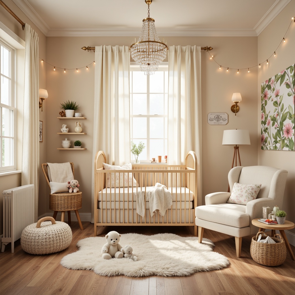 Prompt: Whimsical nursery, soft pastel colors, delicate florals, gentle cream accents, plush area rug, curved wooden crib, adorable stuffed animals, sweet baby blankets, warm beige walls, elegant crystal chandelier, dainty string lights, delicate flower-shaped sconces, creamy white lamp shades, subtle texture variations, cozy reading nook, comfortable glider chair, natural morning light, softbox lighting effect, shallow depth of field, 1/1 composition, warm color palette.