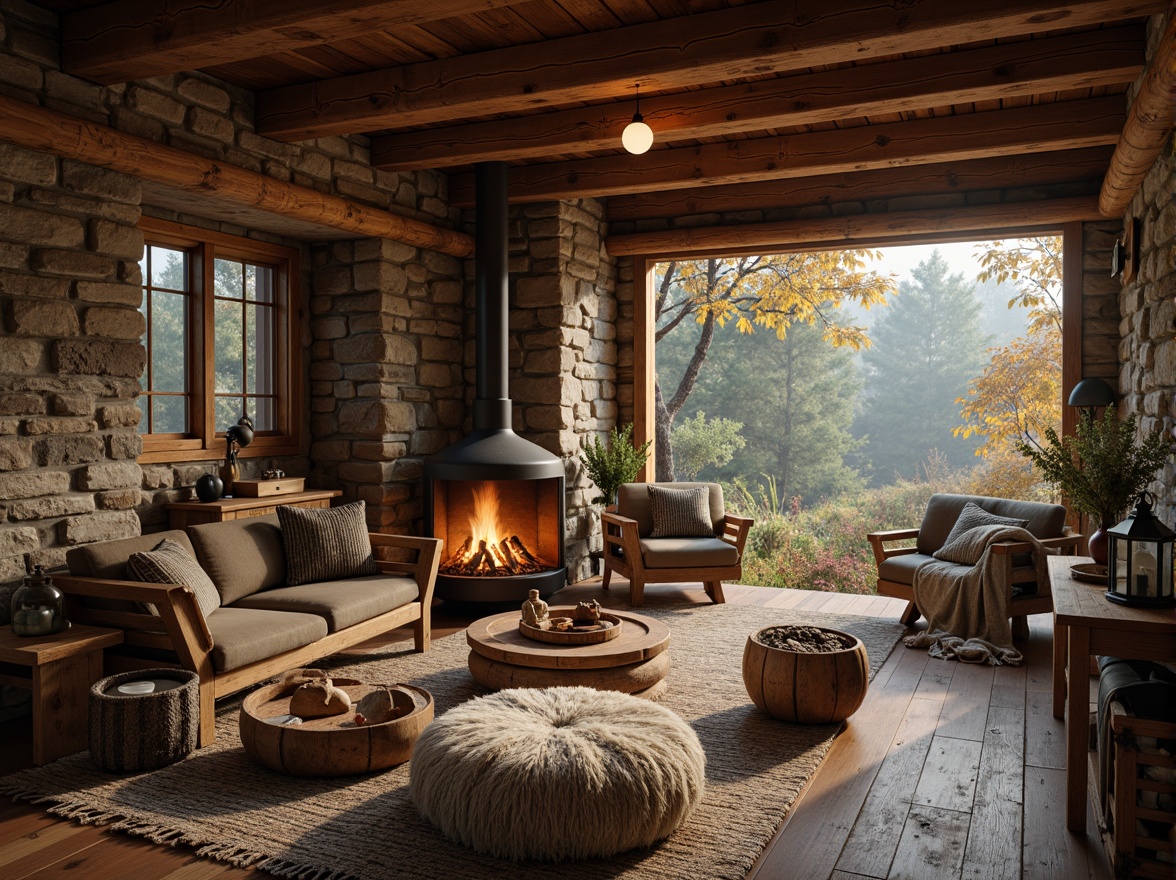 Prompt: Rustic wooden cabin, natural stone walls, earthy color palette, handcrafted furniture, wooden beams, vintage metal lanterns, woven textiles, plush throw blankets, cozy fire pit, autumn forest surroundings, misty morning atmosphere, soft warm lighting, shallow depth of field, 1/1 composition, realistic wood grain textures, ambient occlusion.