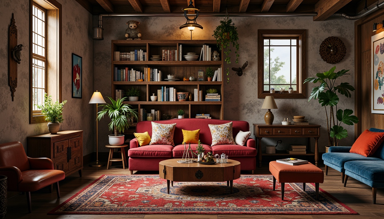 Prompt: Richly patterned rug, eclectic vintage furniture, distressed wooden shelves, ornate metal fixtures, bold color accents, tactile velvet upholstery, rough-hewn stone walls, reclaimed wood floors, abstract artwork, playful sculptural elements, industrial metal lighting, warm atmospheric glow, shallow depth of field, 1/1 composition, intimate cozy atmosphere, realistic textures, ambient occlusion.