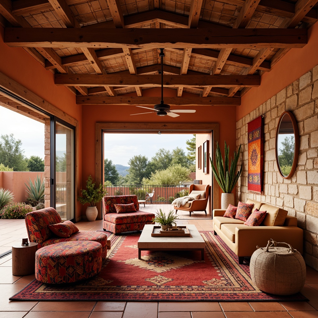 Prompt: Vibrant southwestern-style family garage, warm earthy tones, terracotta flooring, exposed wooden beams, rustic metal accents, colorful woven textiles, vibrant Navajo-inspired patterns, plush throw blankets, cozy seating areas, natural stone walls, sliding glass doors, abundant natural light, soft warm lighting, 3/4 composition, panoramic view, realistic textures, ambient occlusion.Let me know if this meets your requirements!