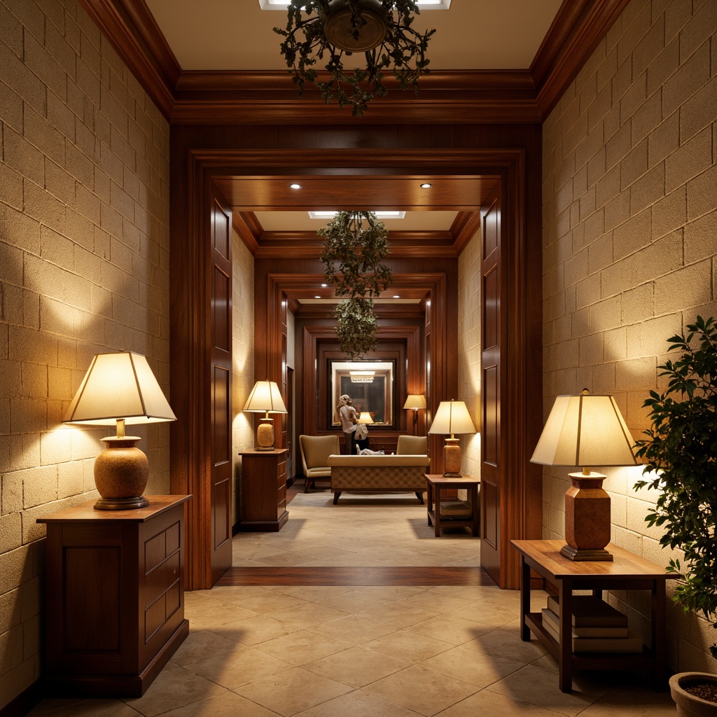 Prompt: Warm museum interior, craftsman style woodwork, ornate metal fixtures, richly textured stone walls, warm beige tones, soft diffused lighting, table lamps with linen shades, floor lamps with wooden accents, decorative ceiling fixtures, subtle color temperature transitions, 1/1 composition, shallow depth of field, realistic material textures, ambient occlusion.