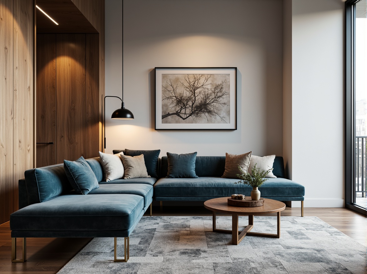 Prompt: Modern living room, sleek sofa, velvet upholstery, metallic legs, wooden coffee table, minimalist decor, ambient lighting, soft cushions, geometric patterns, rich textures, neutral color palette, floor-to-ceiling windows, natural sunlight, urban apartment setting, cozy atmosphere, Scandinavian design influences.