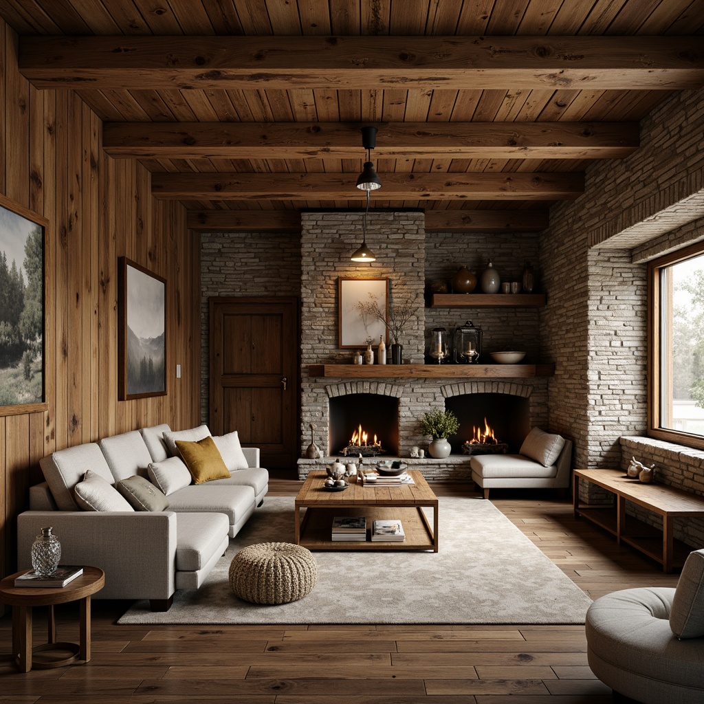 Prompt: Rustic cabin, natural stone walls, reclaimed wood planks, distressed finishes, earthy color palette, wooden beams, exposed brickwork, vintage metal accents, woven textiles, cozy fireplaces, soft warm lighting, shallow depth of field, 1/1 composition, realistic textures, ambient occlusion.