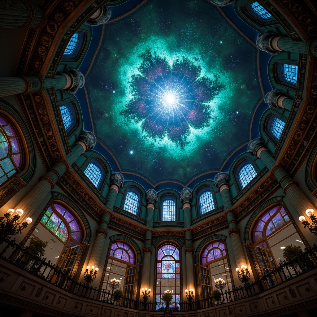 Prompt: Celestial planetarium dome, dark mysterious ambiance, rich jewel-toned colors, deep blues, emerald greens, amethyst purples, warm golden accents, intricate stone carvings, ornate metalwork, stained glass windows, celestial body projections, starry night sky, subtle gradient effects, soft misty lighting, 3/4 composition, cinematic atmosphere, realistic textures, ambient occlusion.