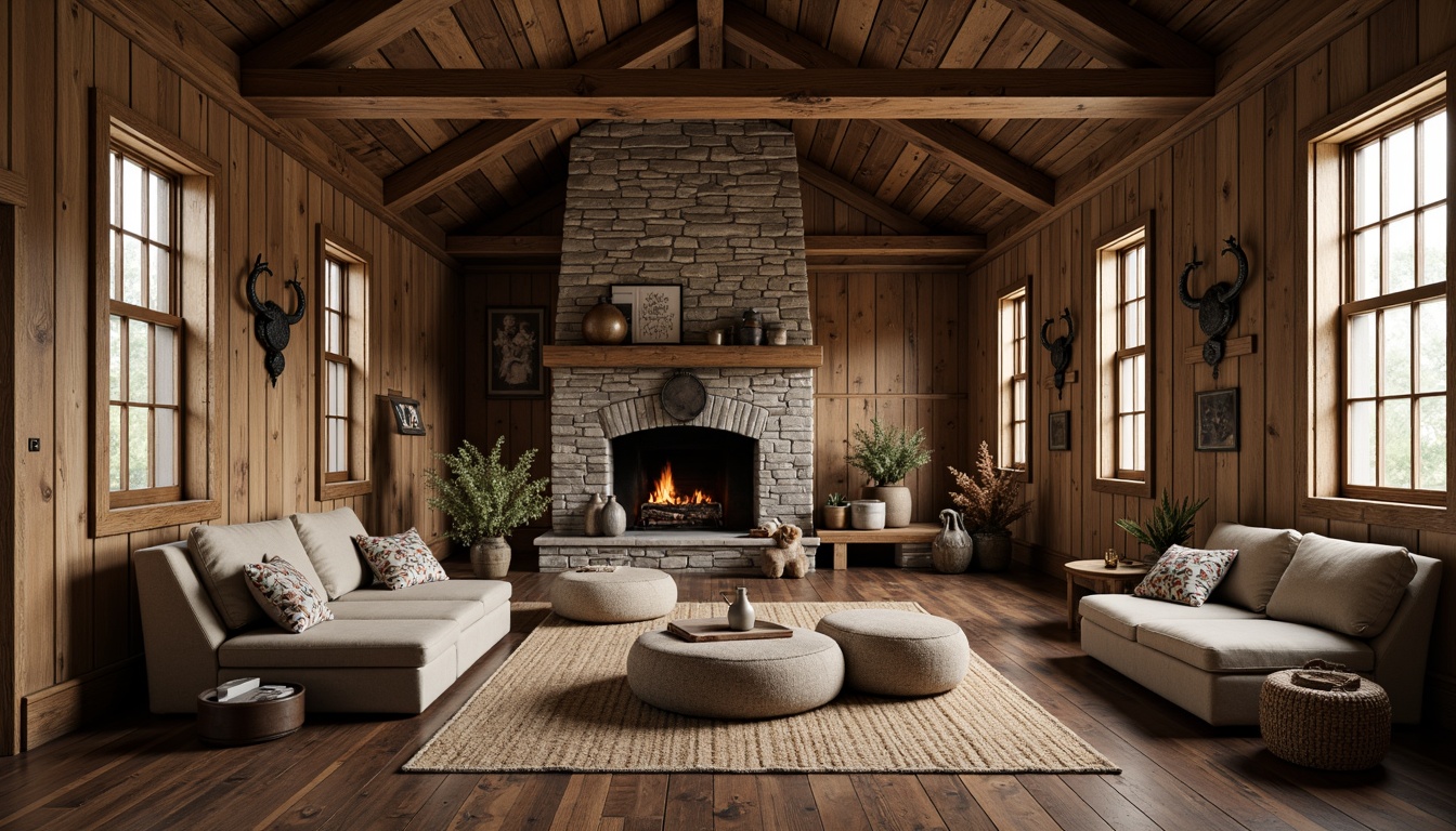 Prompt: Rustic cabin, wooden accents, natural stone walls, earthy color palette, distressed wood textures, vintage metal decorations, reclaimed barn wood, exposed brick, rough-hewn timber beams, cozy fireplace, soft warm lighting, shallow depth of field, 3/4 composition, realistic textures, ambient occlusion.