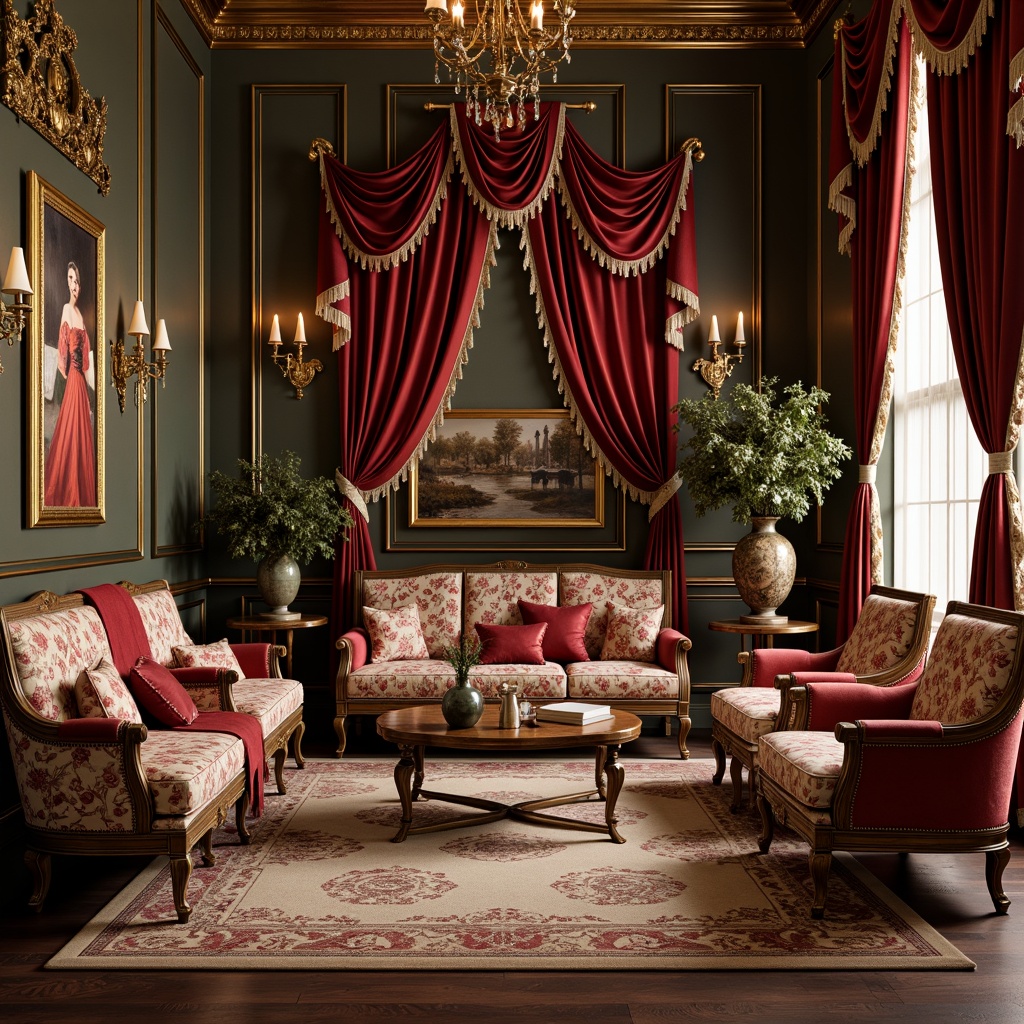 Prompt: Luxurious velvet fabrics, intricate gold embroidery, soft silk textures, ornate floral patterns, delicate lace trimmings, rich jewel-toned colors, opulent tassel details, majestic drapery, elegant swooping curves, lavish fringe accents, refined Baroque inspirations, sophisticated French Renaissance influences, sumptuous upholstery, regal tapestries, warm golden lighting, dramatic shadowing, ornate gilded frames.