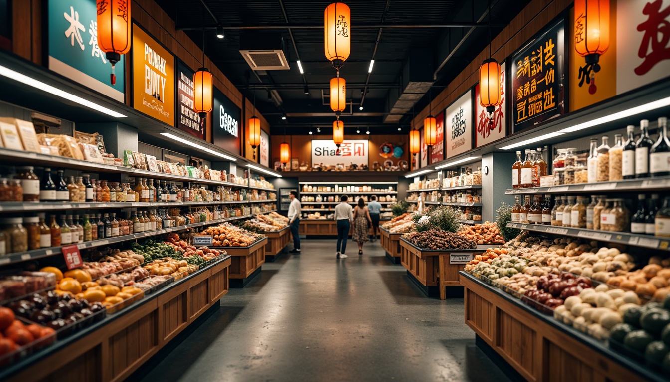 Prompt: Vibrant Asian grocery store, traditional lanterns, colorful banners, bold font signage, LED displays, neon lights, bustling shopping atmosphere, crowded shelves, diverse product offerings, international food brands, fresh produce stands, exotic spices, fragrant aromas, warm lighting, shallow depth of field, 1/1 composition, realistic textures, ambient occlusion.