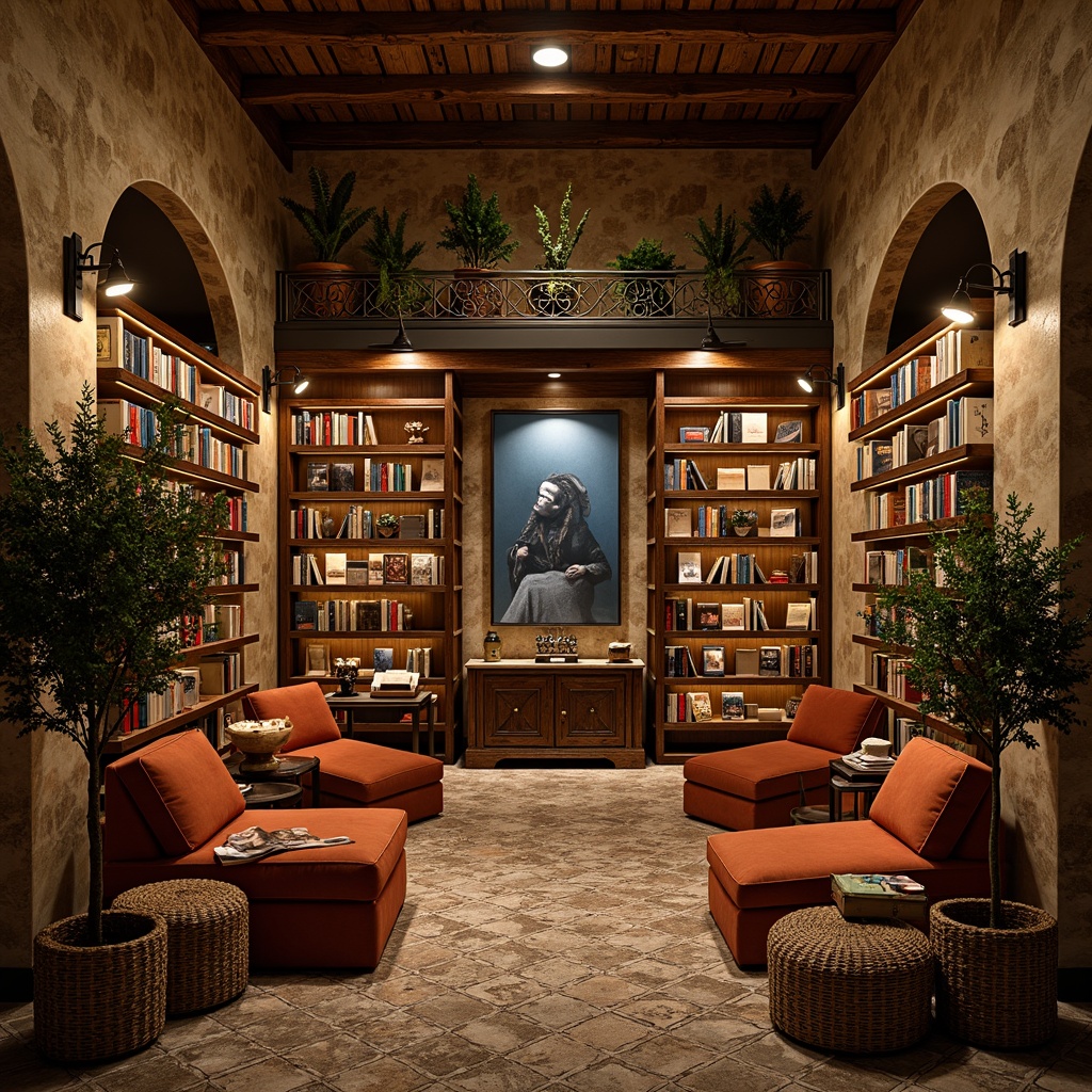 Prompt: Warm Mediterranean bookstore, rich wooden shelves, ornate metal accents, distressed finishes, vintage-inspired lighting, cozy reading nooks, plush velvet armchairs, rustic stone walls, decorative ceramic tiles, woven wicker baskets, potted olive trees, soft warm glow, shallow depth of field, 1/1 composition, intimate atmosphere, realistic textures, ambient occlusion.