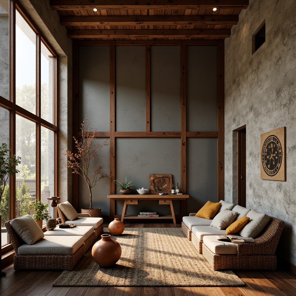 Prompt: Rustic wooden planks, distressed metal sheets, rough stone walls, smooth glass surfaces, woven wicker furniture, plush velvet fabrics, intricate ceramic patterns, natural fiber rugs, earthy terracotta pottery, organic shapes, warm ambient lighting, shallow depth of field, 1/1 composition, realistic textures, ambient occlusion.