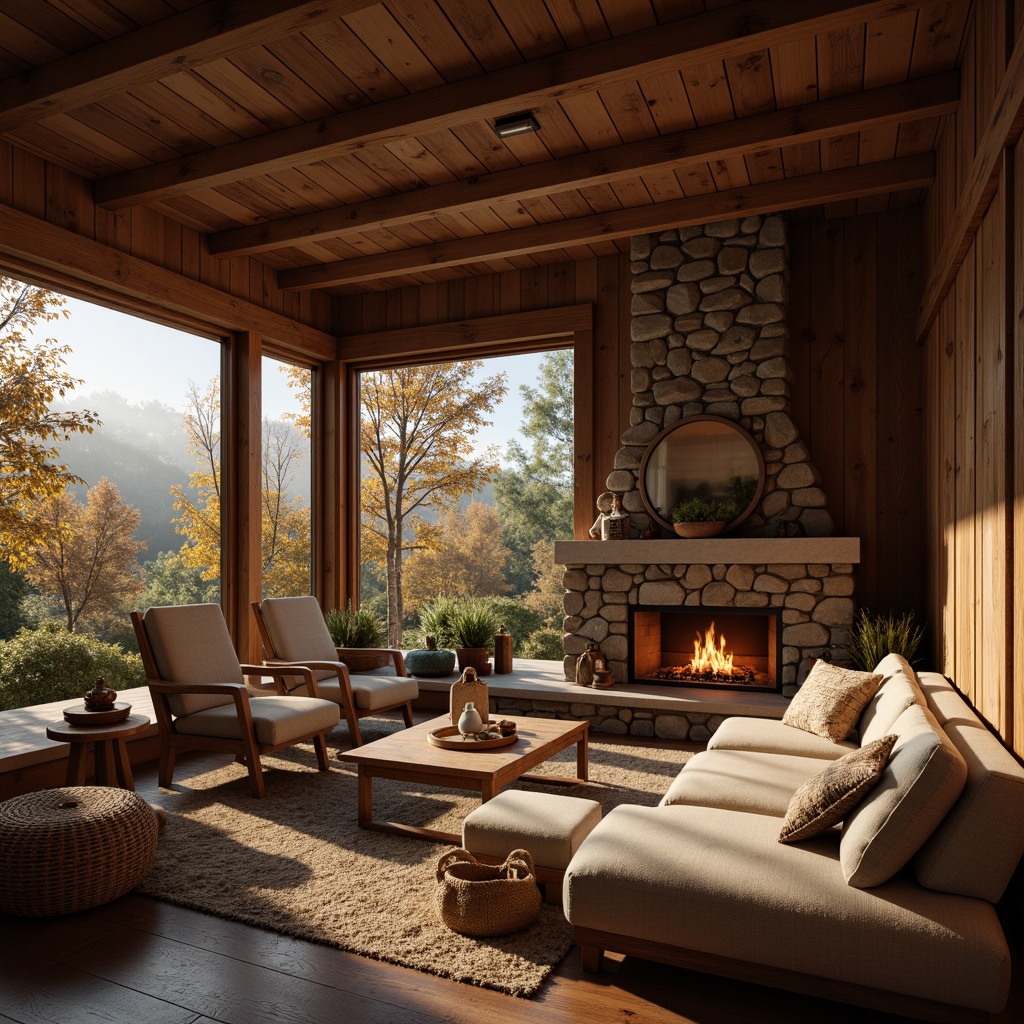 Prompt: Cozy cabin, rustic wooden walls, earthy brown tones, warm beige accents, soft golden lighting, plush furnishings, comfortable textures, natural stone fireplace, crackling flames, autumnal forest surroundings, misty morning fog, shallow depth of field, 1/1 composition, realistic wood grains, ambient occlusion.